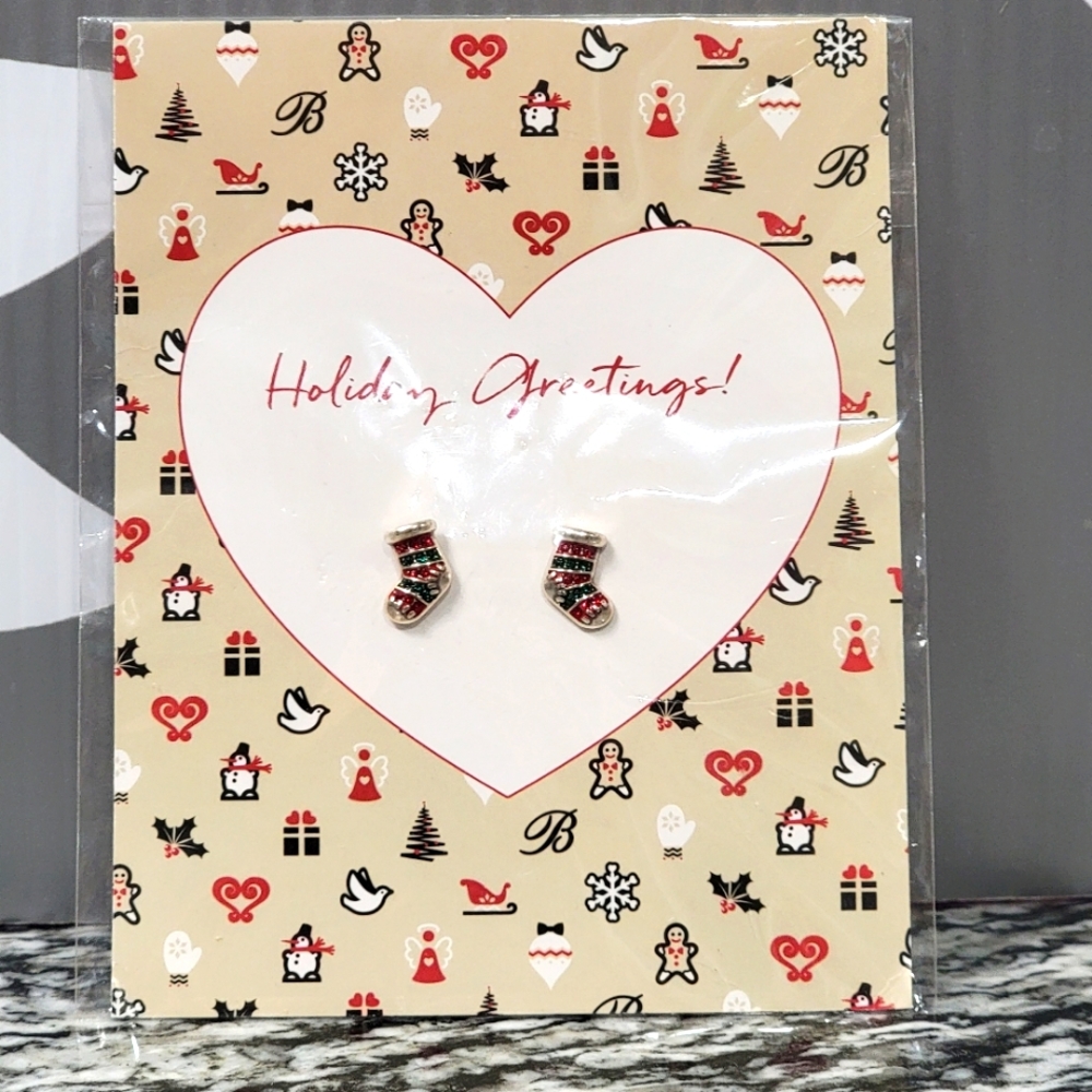 BRIGHTON RETIRED HOLIDAY STOCKING POST EARRINGS ON HOLIDAY CARD NWT